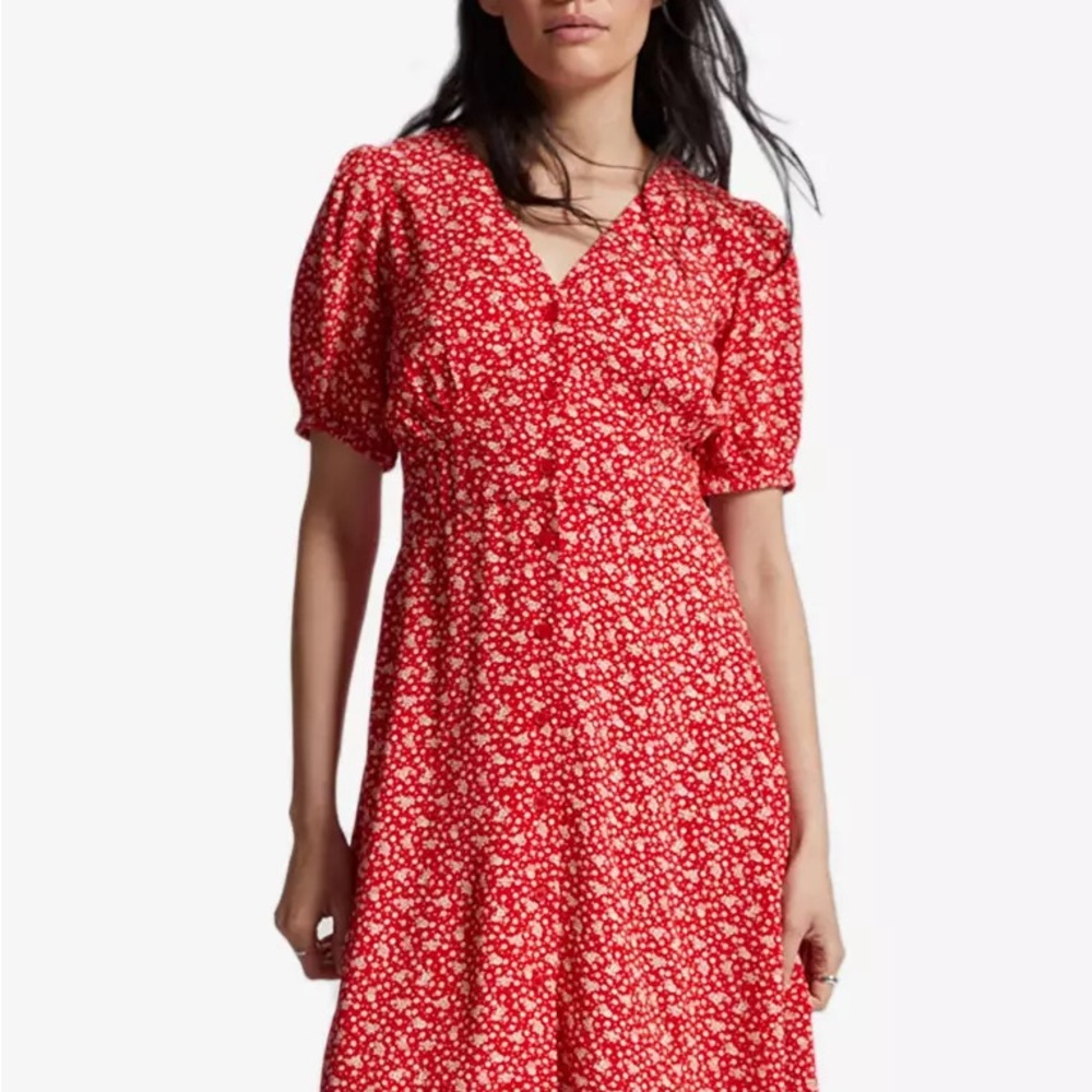 & Other Stories Red and White Puff Sleeve Midi Sundress